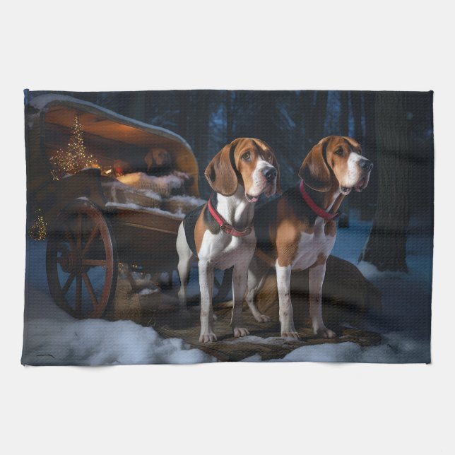 American English Foxhound Snowy Sleigh Weihnachten Geschirrtuch (Horizontal)