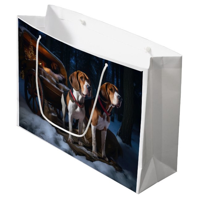 American English Foxhound Snowy Sleigh Weihnachten Große Geschenktüte (Vorderseite Schrägansicht)