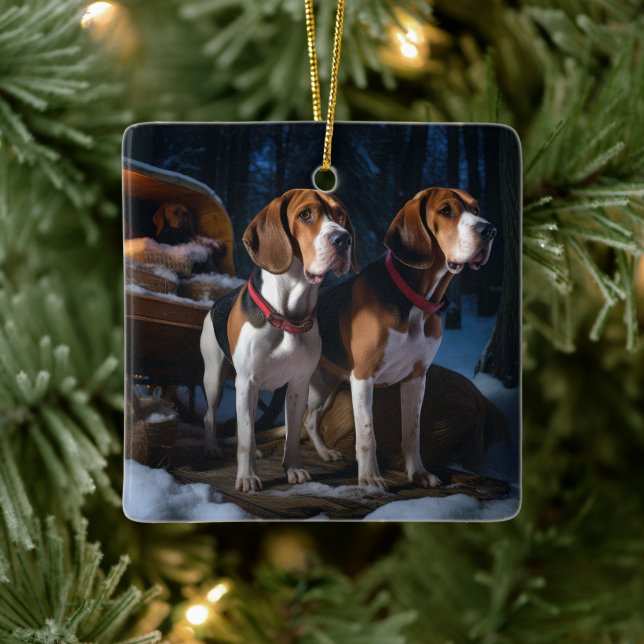 American English Foxhound Snowy Sleigh Weihnachten Keramikornament (Baum)