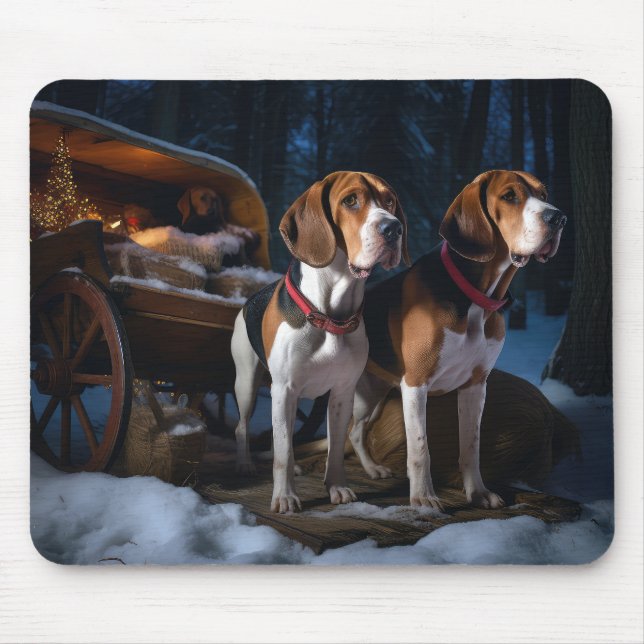 American English Foxhound Snowy Sleigh Weihnachten Mousepad (Vorne)