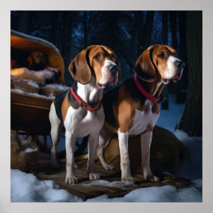 American English Foxhound Snowy Sleigh Weihnachten Poster