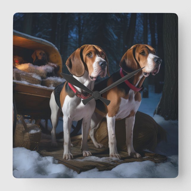 American English Foxhound Snowy Sleigh Weihnachten Quadratische Wanduhr (Vorderseite)