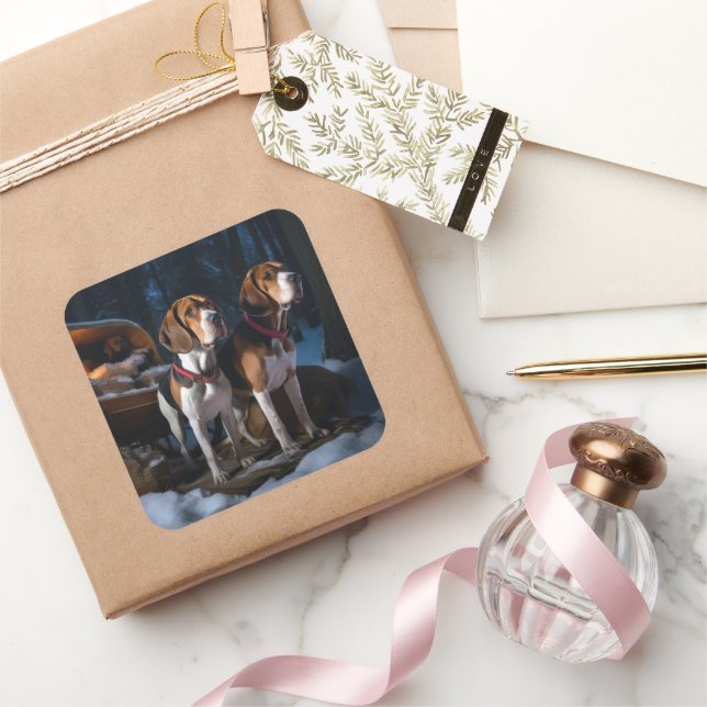 American English Foxhound Snowy Sleigh Weihnachten Quadratischer Aufkleber (Schenken)