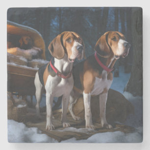 American English Foxhound Snowy Sleigh Weihnachten Steinuntersetzer