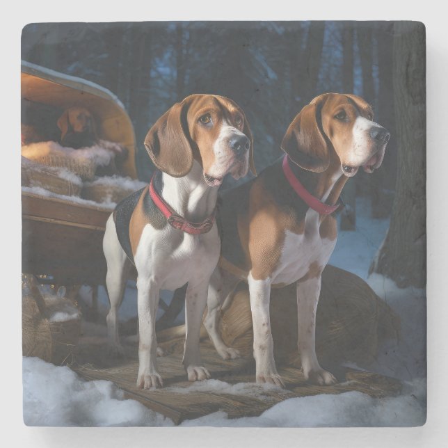 American English Foxhound Snowy Sleigh Weihnachten Steinuntersetzer (Vorderseite)