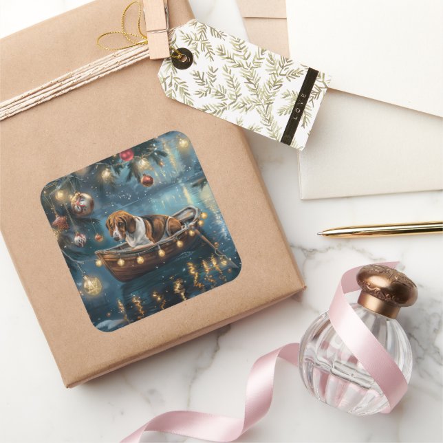 American English Foxhound Weihnachtsfest Reise Quadratischer Aufkleber (Schenken)