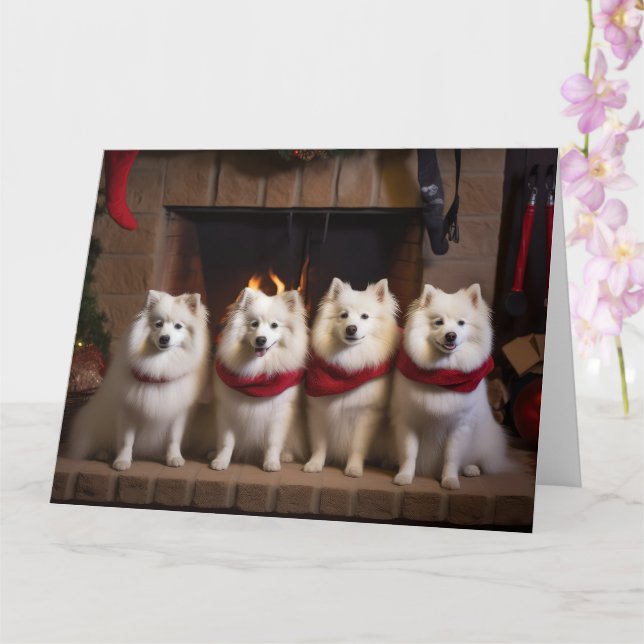 American Eskimo am Feuerplatz Weihnachten Karte (Orchidee)