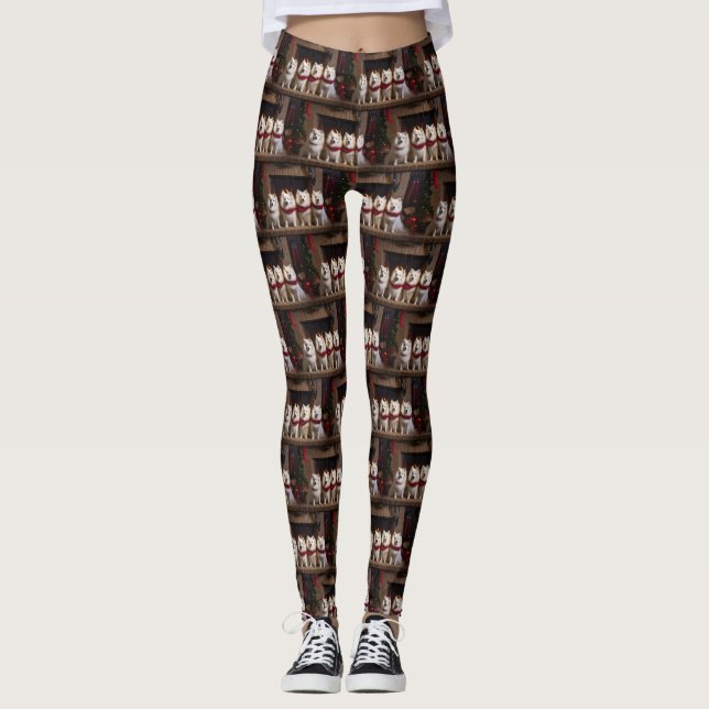 American Eskimo am Feuerplatz Weihnachten Leggings (Vorderseite)