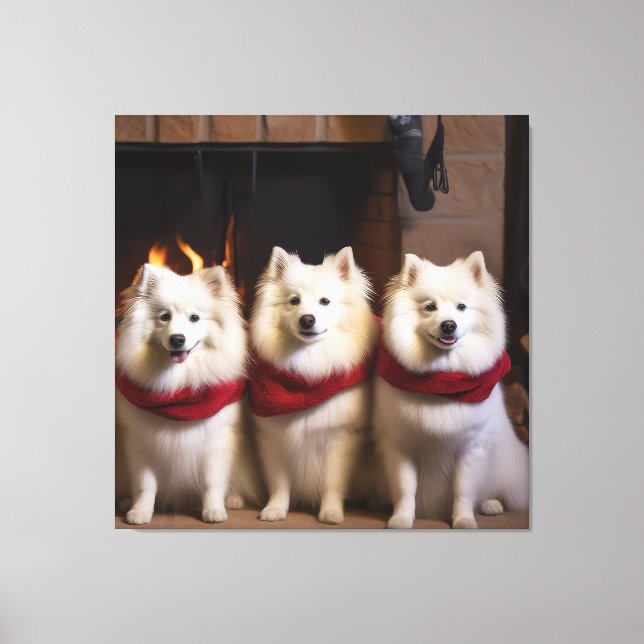 American Eskimo am Feuerplatz Weihnachten Leinwanddruck (Vorderseite)