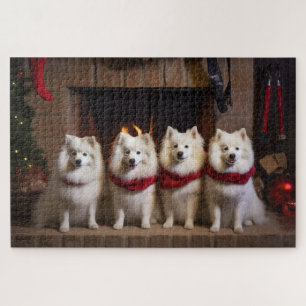 American Eskimo am Feuerplatz Weihnachten Puzzle