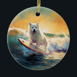 American Eskimo Beach Surfmalerei Keramik Ornament<br><div class="desc">Tauchen Sie ein in die spielerische Welt des Kaninchen-Abenteuers mit diesem faszinierenden Bild. Ein gepflegter Hund geht zu den Wellen und reitet geschickt auf einem sonnengeküssten Strand. Das lebendige Kunstwerk vereint wunderbar das Wesentliche der Erregung am Strand, während der Hund furchtlos auf den Wellen reitet und den Geist von Spaß...</div>
