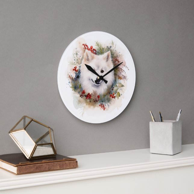 American Eskimo Christmas Wreath Festivals Große Wanduhr (Büro)