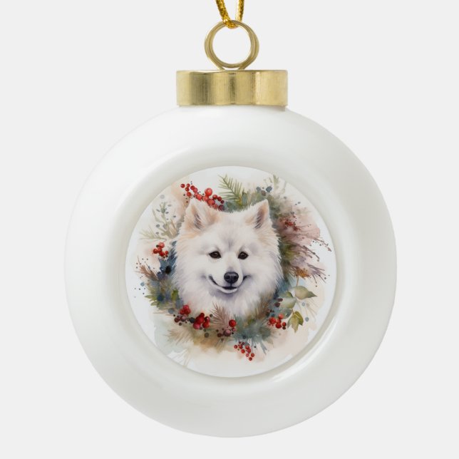 American Eskimo Christmas Wreath Festivals Keramik Kugel-Ornament (Vorderseite)