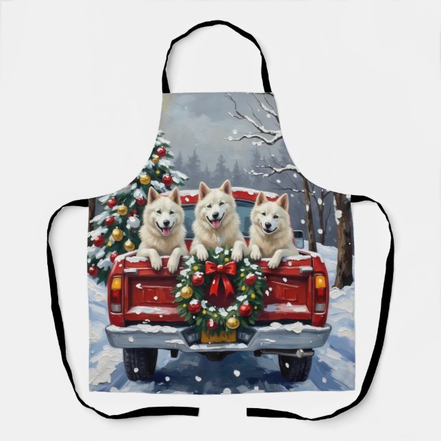 American Eskimo Dog Christmas Red Truck Holiday Schürze (Vorderseite)