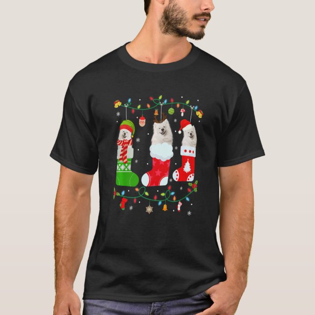 American Eskimo Dog Drei Weihnachtssocken Sweater T-Shirt (Vorderseite)