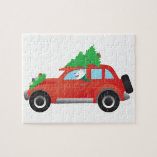 American Eskimo Dog Driving Car mit Weihnachtsbaum Puzzle