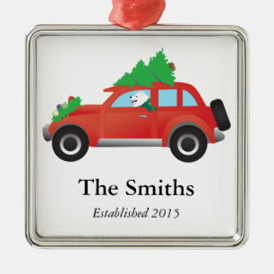 American Eskimo Dog Driving Car mit Weihnachtsbaum Silbernes Ornament