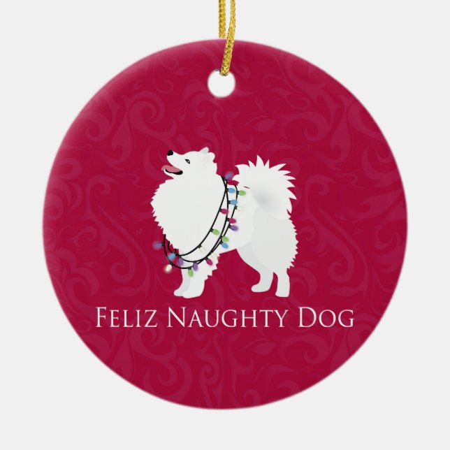 American Eskimo Dog Feliz Naughty Dog Weihnachten Keramikornament (Vorne)