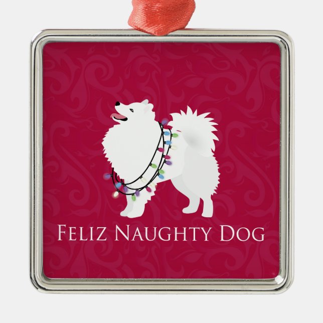 American Eskimo Dog Feliz Naughty Dog Weihnachten Ornament Aus Metall (Vorne)