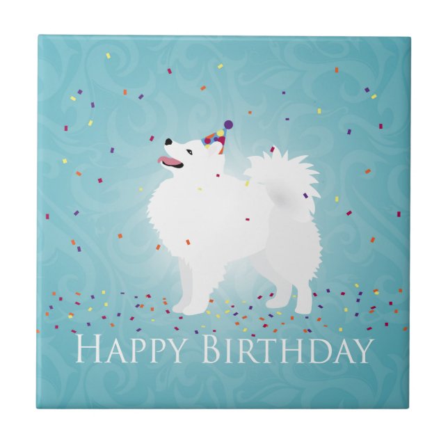 American Eskimo Dog Happy Birthday Design Fliese (Vorderseite)