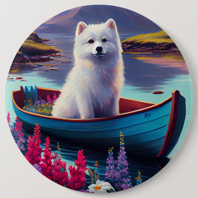 American Eskimo Dog on Paddle: Ein Landschaftliche Button (Vorderseite)