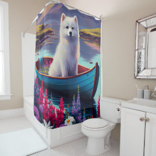 American Eskimo Dog on Paddle: Ein Landschaftliche Duschvorhang