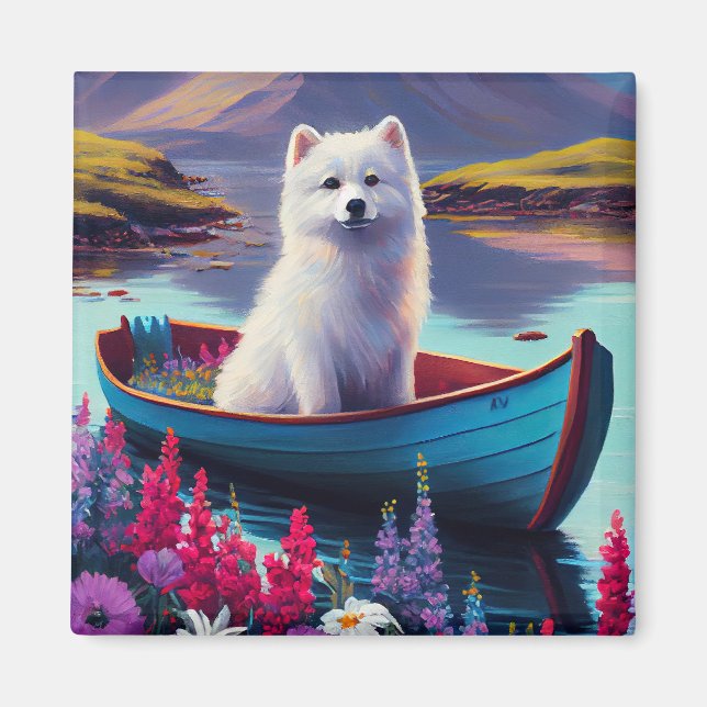 American Eskimo Dog on Paddle: Ein Landschaftliche Magnet (Vorne)