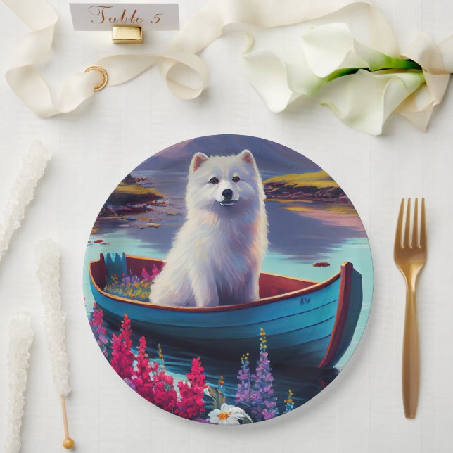 American Eskimo Dog on Paddle: Ein Landschaftliche Pappteller (Hochzeit)