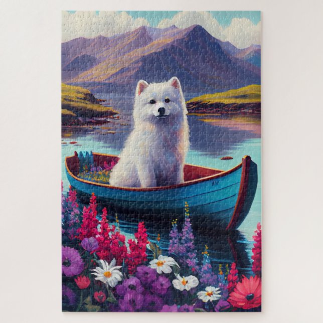 American Eskimo Dog on Paddle: Ein Landschaftliche Puzzle (Vertikal)