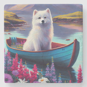 American Eskimo Dog on Paddle: Ein Landschaftliche Steinuntersetzer