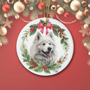 American Eskimo Dog Red Bow Holly Wreath Keramik Ornament