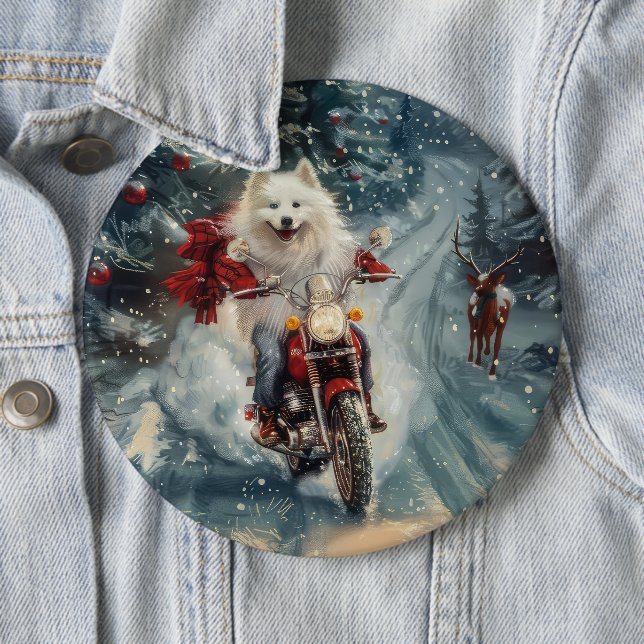 American Eskimo Dog Riding Motorrad Weihnachten Button (Beispiel)
