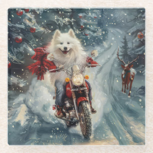 American Eskimo Dog Riding Motorrad Weihnachten Glasuntersetzer