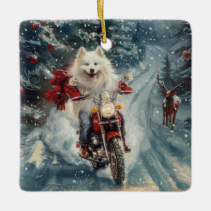 American Eskimo Dog Riding Motorrad Weihnachten Keramikornament