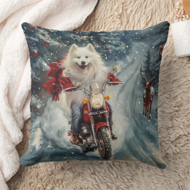 American Eskimo Dog Riding Motorrad Weihnachten Kissen (Decke)