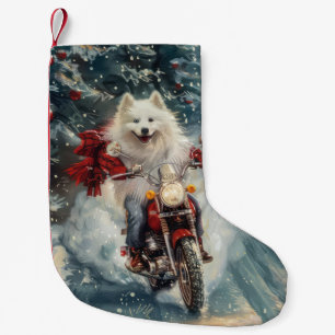 American Eskimo Dog Riding Motorrad Weihnachten Kleiner Weihnachtsstrumpf