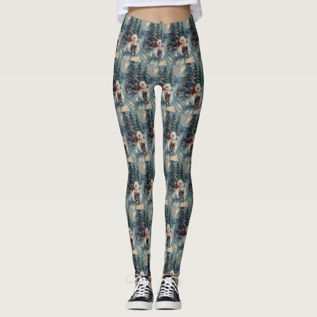 American Eskimo Dog Riding Motorrad Weihnachten Leggings (Vorderseite)