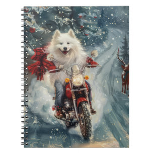 American Eskimo Dog Riding Motorrad Weihnachten Notizblock