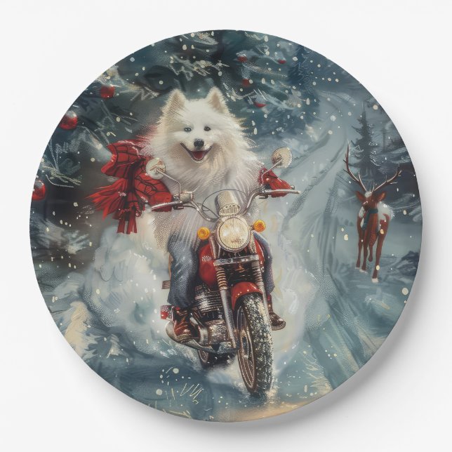 American Eskimo Dog Riding Motorrad Weihnachten Pappteller (Vorderseite)