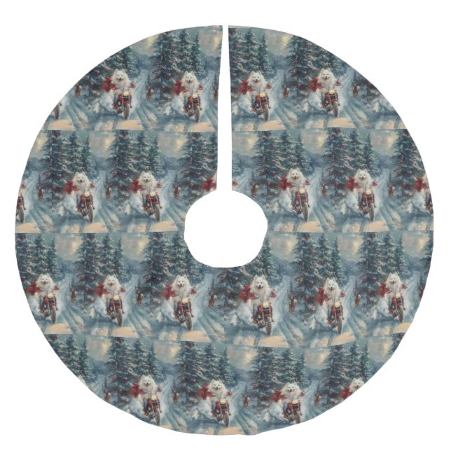 American Eskimo Dog Riding Motorrad Weihnachten Polyester Weihnachtsbaumdecke (Vorderseite)