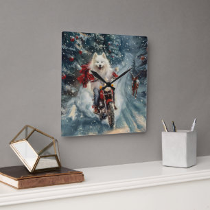 American Eskimo Dog Riding Motorrad Weihnachten Quadratische Wanduhr