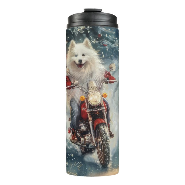 American Eskimo Dog Riding Motorrad Weihnachten Thermosbecher (Vorderseite)