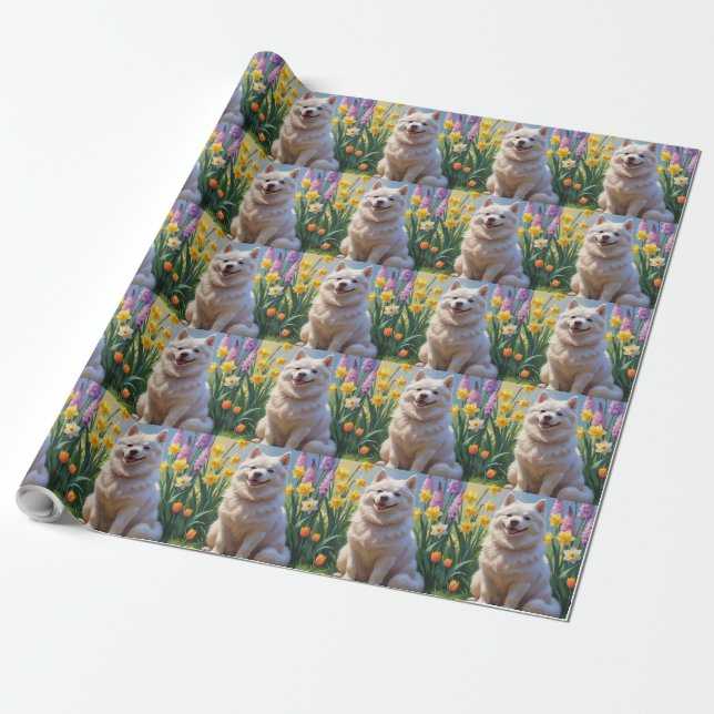 American Eskimo Dog Spring Blumen Malerei Geschenkpapier (Ungerollt)