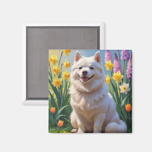 American Eskimo Dog Spring Blumen Malerei Magnet (Vorderseite/Rückseite)