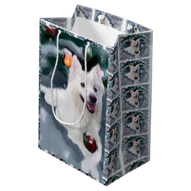 American Eskimo Dog Weihnachten Mittlere Geschenktüte (Rückseite Schrägansicht)