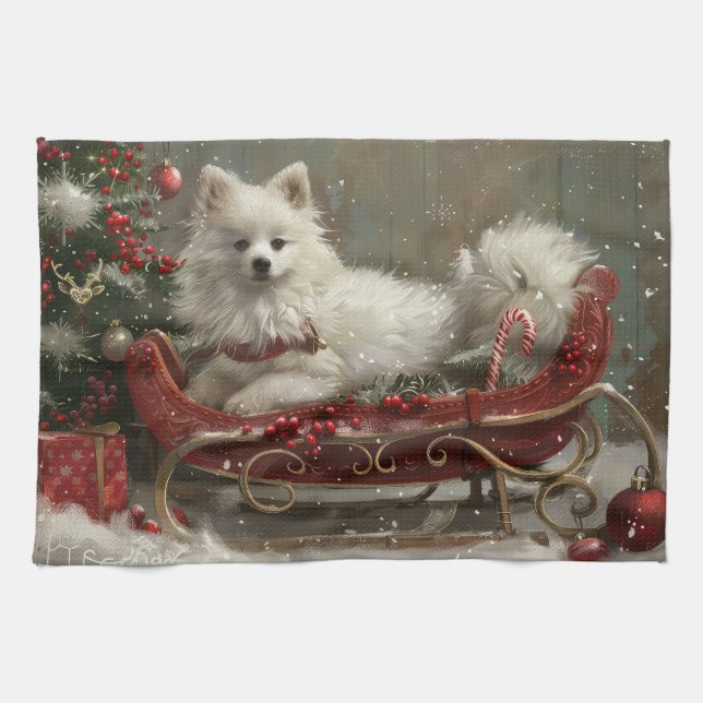 American Eskimo Dog Weihnachtsfest Geschirrtuch (Horizontal)