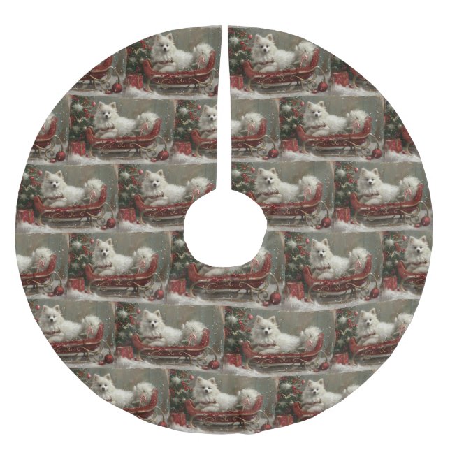 American Eskimo Dog Weihnachtsfest Polyester Weihnachtsbaumdecke (Vorderseite)