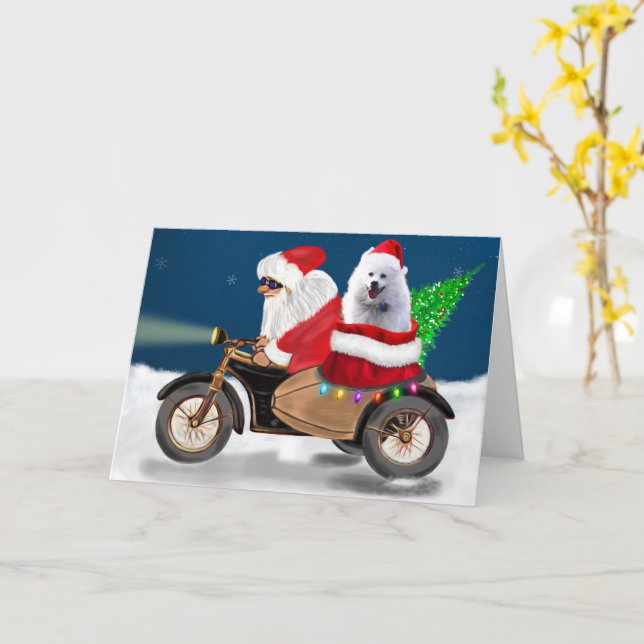 American Eskimo Dog Weihnachtsmann Karte (Gelbe Blume)