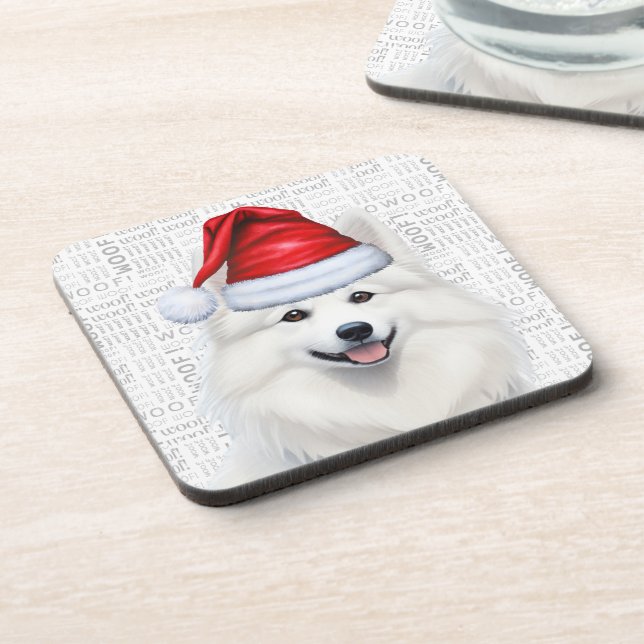 American Eskimo Dog Woof Word Art Holiday Getränkeuntersetzer (Linke Seite)