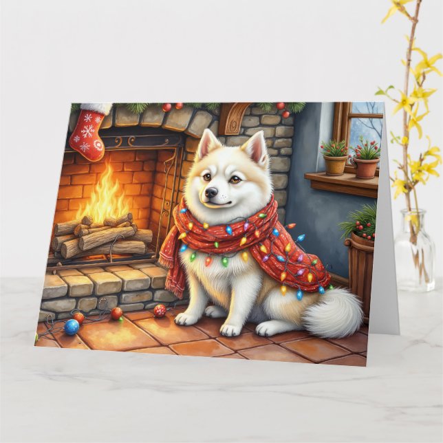 American Eskimo Fireplace with Christmas Lights Karte (Gelbe Blume)